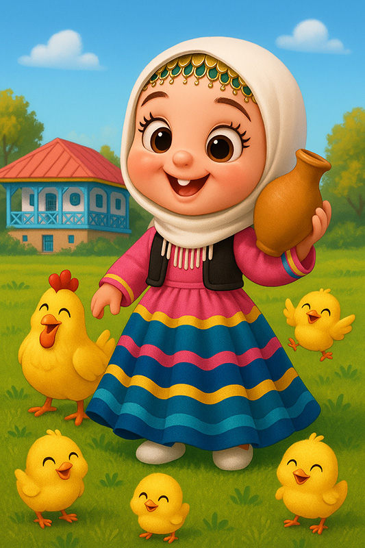 تصویرسازی دختربچه خندان با لباس محلی شمالی